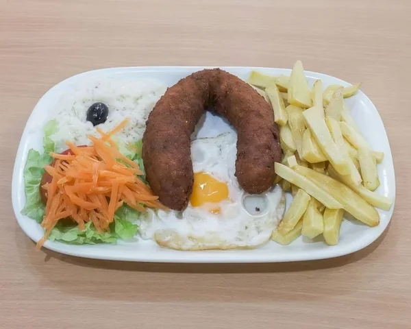 Alheira com ovo, batata frita e salada